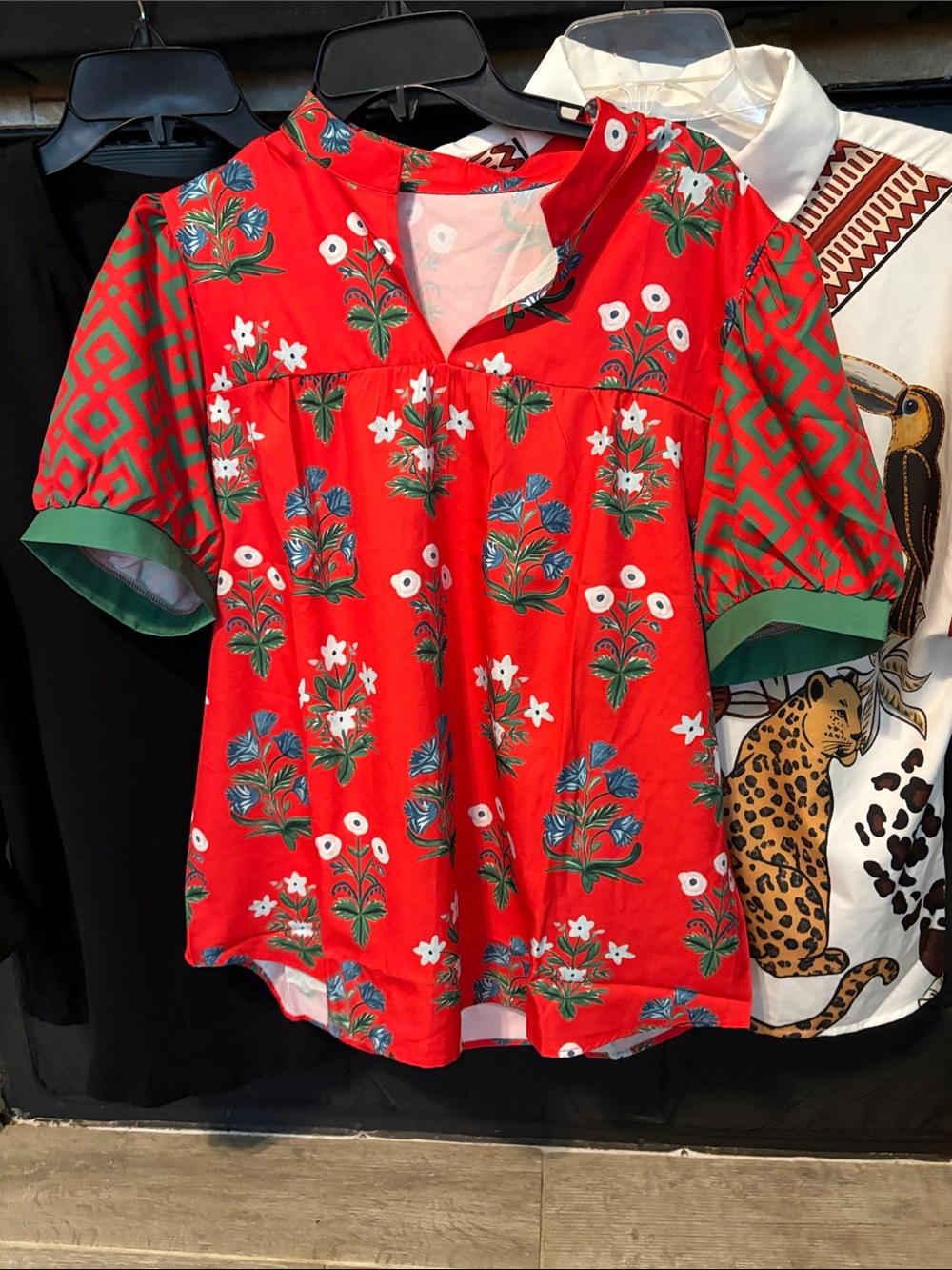Mixed Print Short Sleeve Button-Up Top - White with Animal Print - Picture 10 of 10